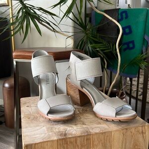 SOREL NADIA GREY ANKLE STRAP LEATHER PLATFORM PUMPS SLIP ON SANDALS SHOES SZ 8.5